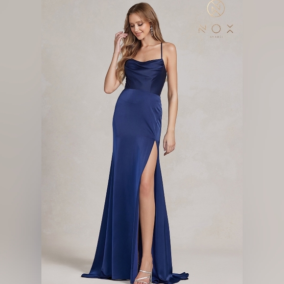 COPY - Long floor length fitted green, navy, gold,brown leg slit lace up open b… - Picture 5 of 9